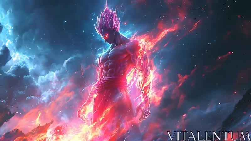 Humanoid energy figure in cosmic sky with fiery aura.