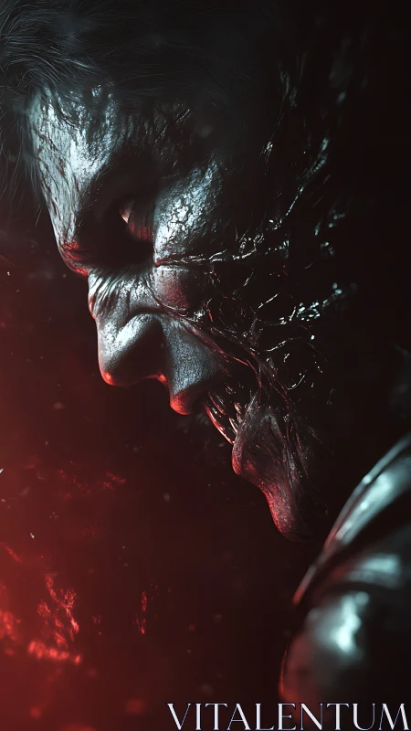 Brooding dark warrior leans toward a burning red light source