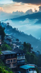 Hillside settlement with layered mountain ridges at dawn.