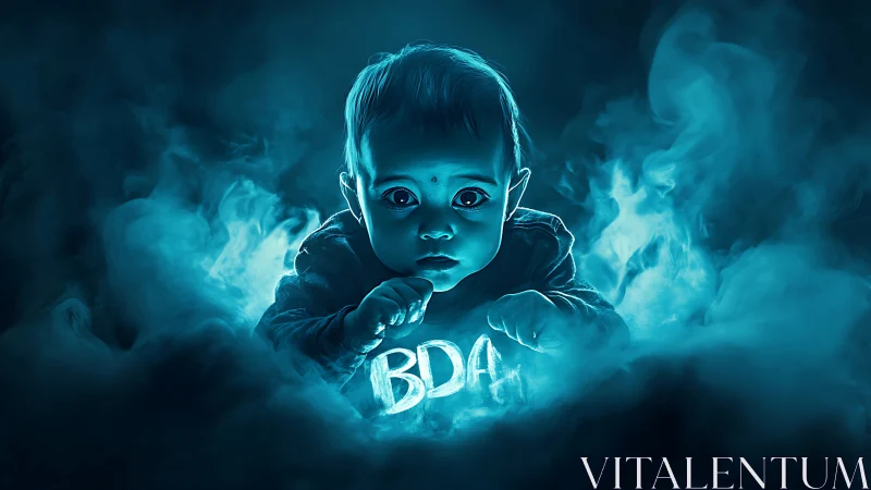Neon blue baby portrait emerging from glowing mist.
