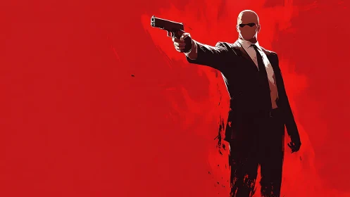 Silhouetted agent in suit extends handgun on red field.