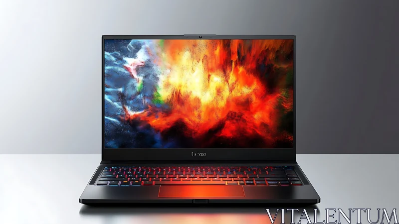 Slim gaming laptop displays vivid abstract fire explosion