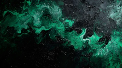 Vivid Green and Black Abstract Acrylic Painting with Swirling Textures.