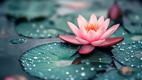 Serene pink lotus resting on dewy teal lily pads at dusk.