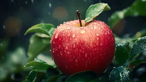 Rain-kissed red apple glowing softly among garden leaves.