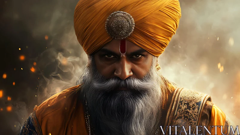 Intense warrior portrait in orange turban and armor.