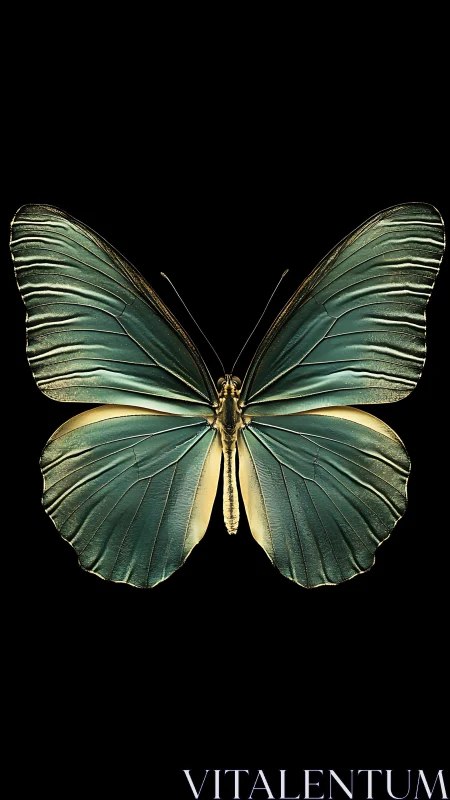 Symmetrical teal butterfly with metallic edges on black.