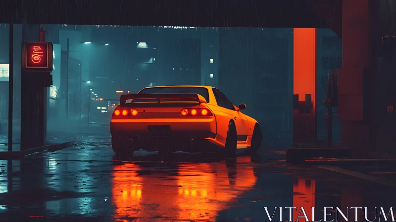 Neon-lit sports car waits calmly in a rainy midnight alley