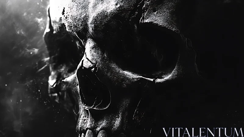 Monochrome human skull close-up in strong lateral light.