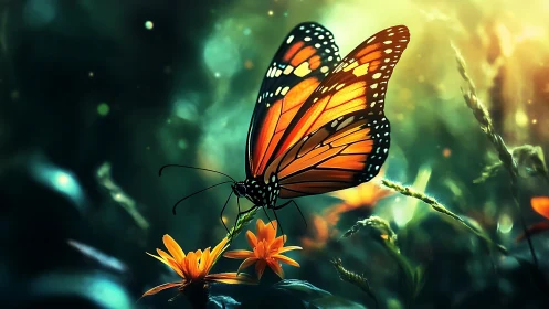 Radiant monarch butterfly resting in a dreamy garden glow.