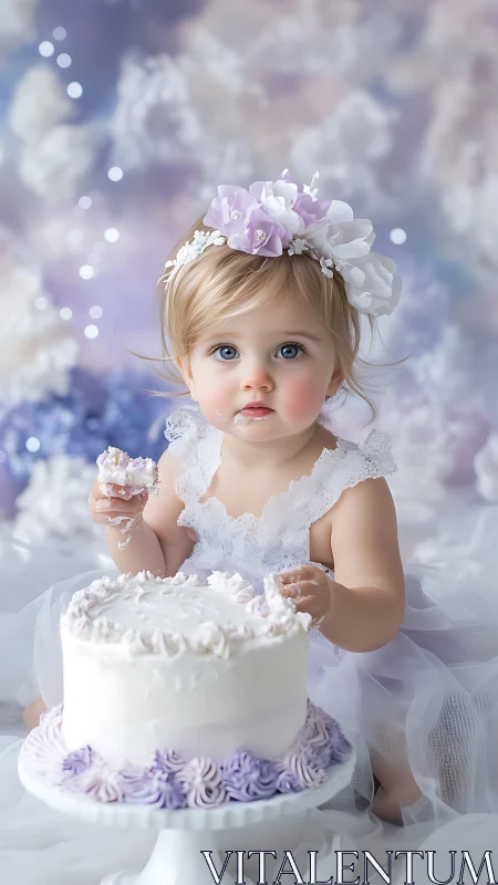 Toddler with floral crown and tiered cake.
