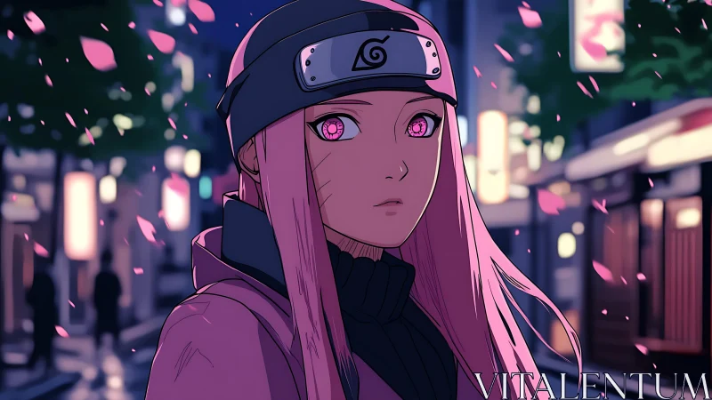 Pink haired ninja walks through neon streets at dusk