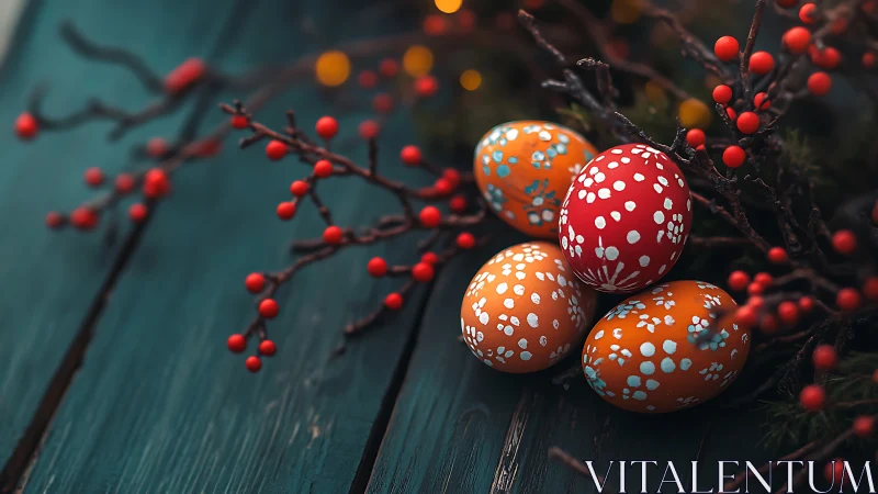 Colorful speckled Easter eggs nestle among red winter berries.