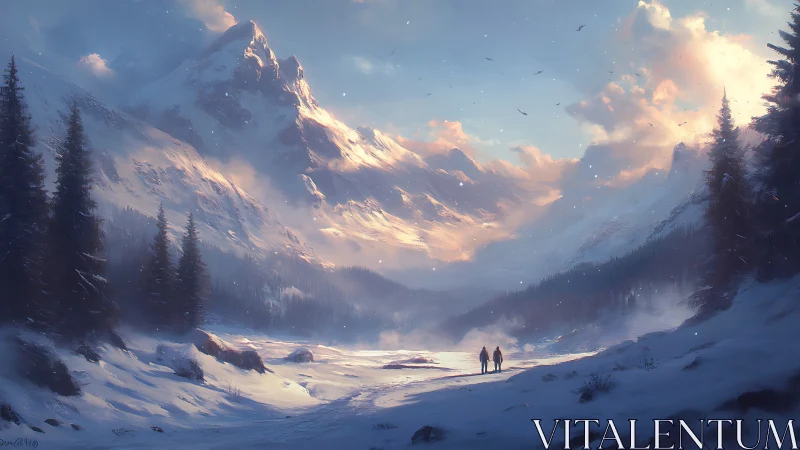 Snow-dusted giants watch two wanderers cross a glowing valley