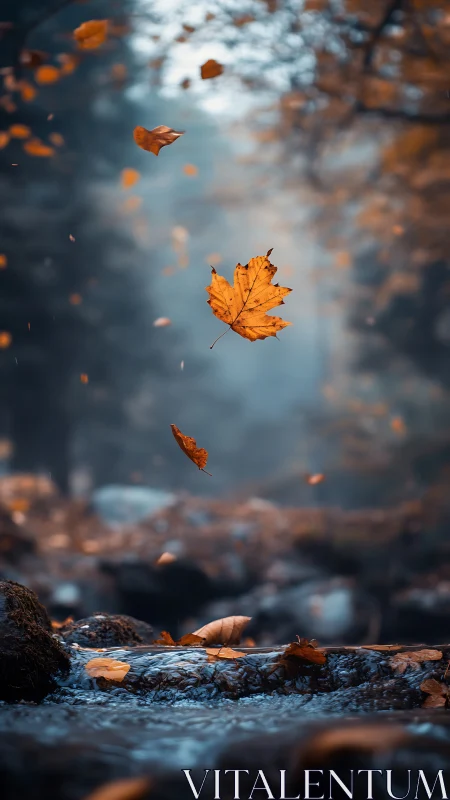 Single maple leaf falls above shallow forest stream