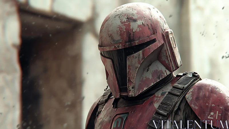 Weathered sci fi armored soldier in red helmet close view.