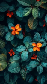 Luminous orange flowers emerge from layered teal foliage in moody botanical study.