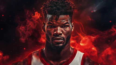 Intense basketball portrait within swirling red smoke flames.
