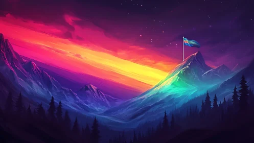 Radiant rainbow mountains glow under a proud summit flag