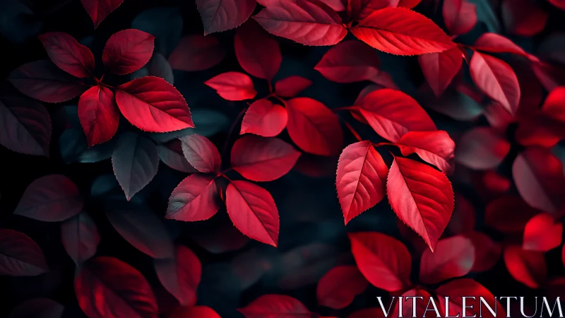 Crimson foliage glows against deep shadows in moody contrast