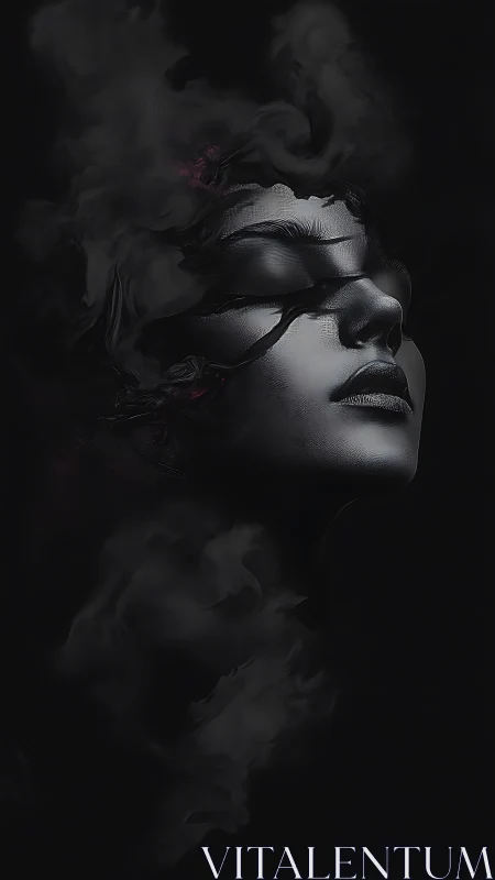 Digital chiaroscuro portrait with dissolving smoky visage.
