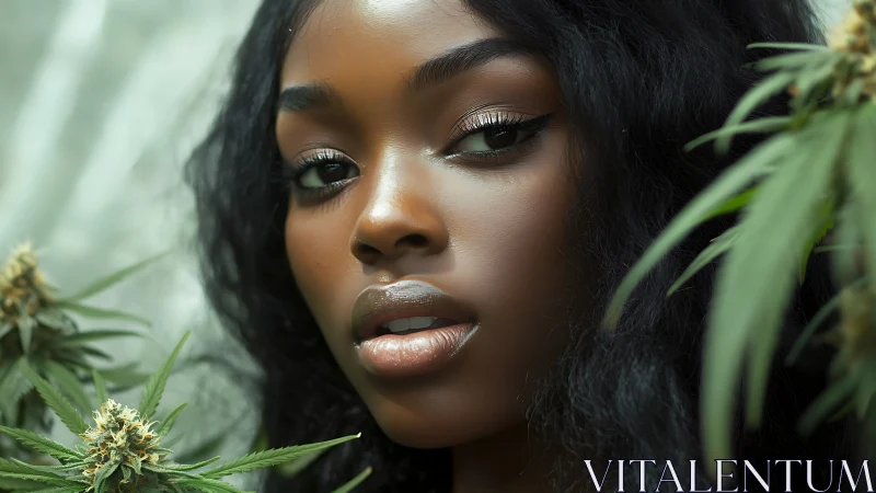 Portrait of Woman Amid Cannabis Plants, Soft Natural Light.