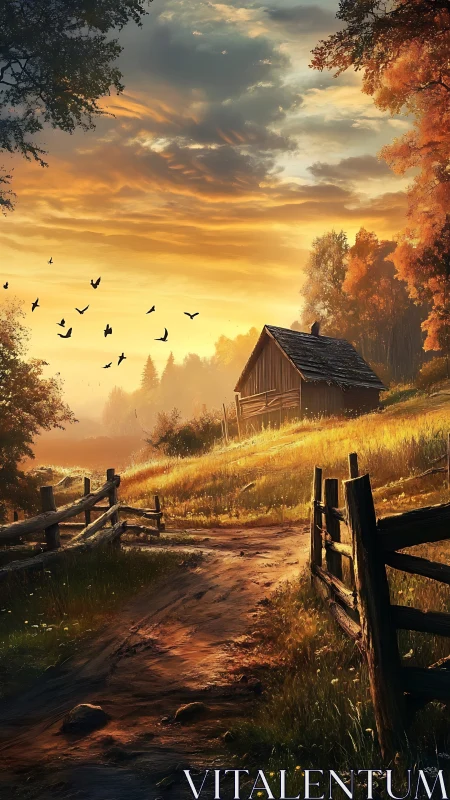 Golden hour rural pathway guides gaze toward secluded cottage