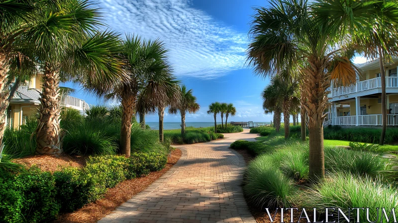 Palm-lined coastal resort path under vivid blue sky.