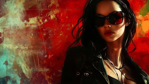 Edgy woman in sunglasses against fiery abstract backdrop.
