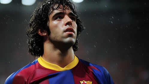 Rainlit striker pauses under stadium glow, chasing destiny