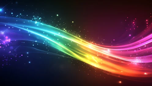 Colorful light waves curve across dark abstract background.