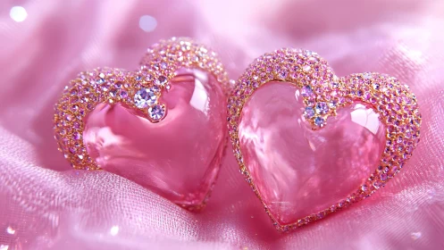 Crystalline Hearts With Glitter Edges on Blurred Pink Textile.