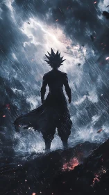 Silhouetted spiky-haired figure standing in heavy storm rain.