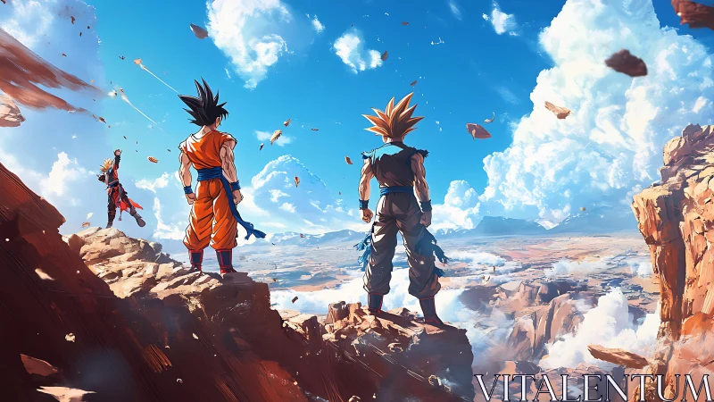 Characters on rocky cliffs under expansive sky in anime scene.