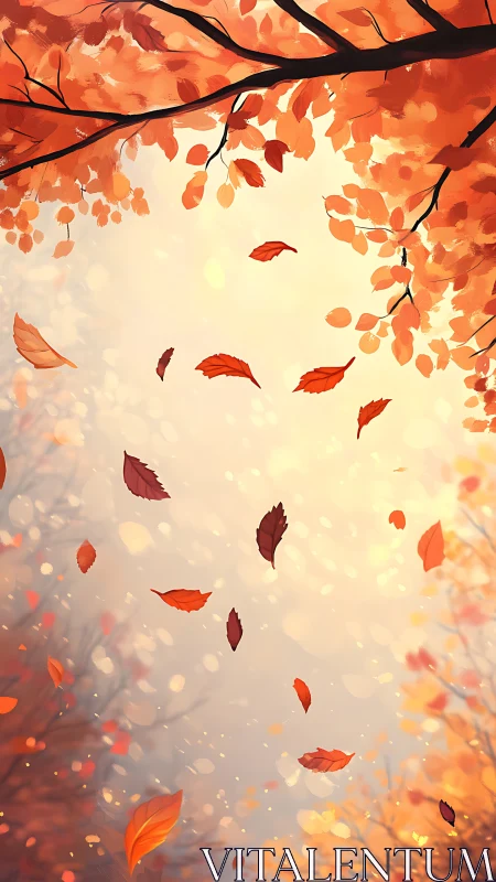 Autumn foliage canopy with drifting leaves in soft depth-of-field lighting