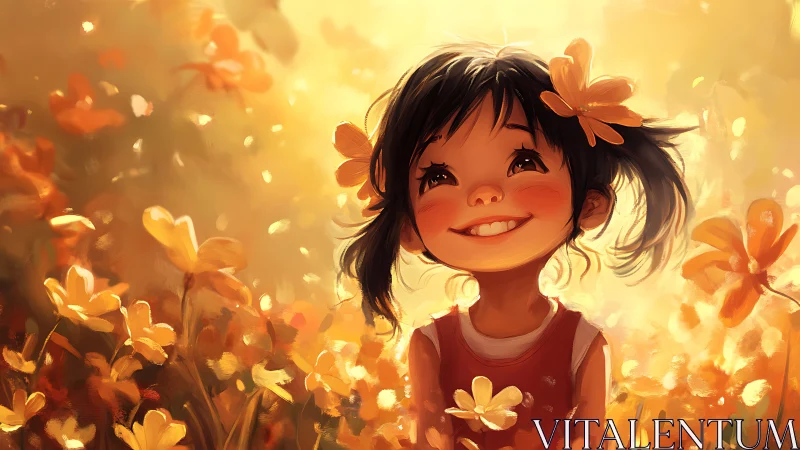 Sunlit child smiles amid glowing golden flower meadow.