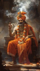 Digital painting of regal Hindu guru in orange robes on throne.