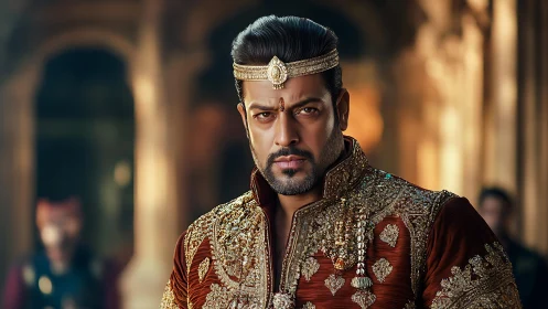 Regal warrior in jeweled sherwani under warm palace depth of field