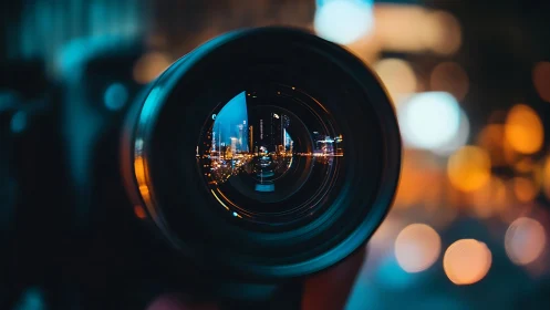 City lights reflected in a dreamy camera lens at night.