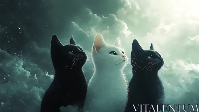 Three Ethereal Cats Against Mystical Cloudy Sky.