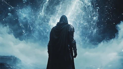 Cloaked starwalker confronting a storming cosmic veil.