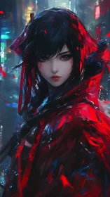 Digital portrait shows red-clad figure in neon urban setting