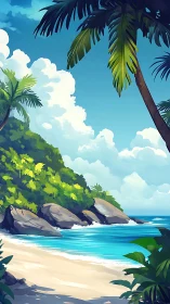 Tropical Beach Paradise with Palm Trees and Rocky Cliffs