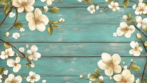 Floral branches arranged over turquoise wooden planks.