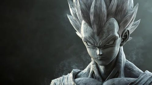Stone-textured spiky-haired warrior rendered in cinematic 3D.