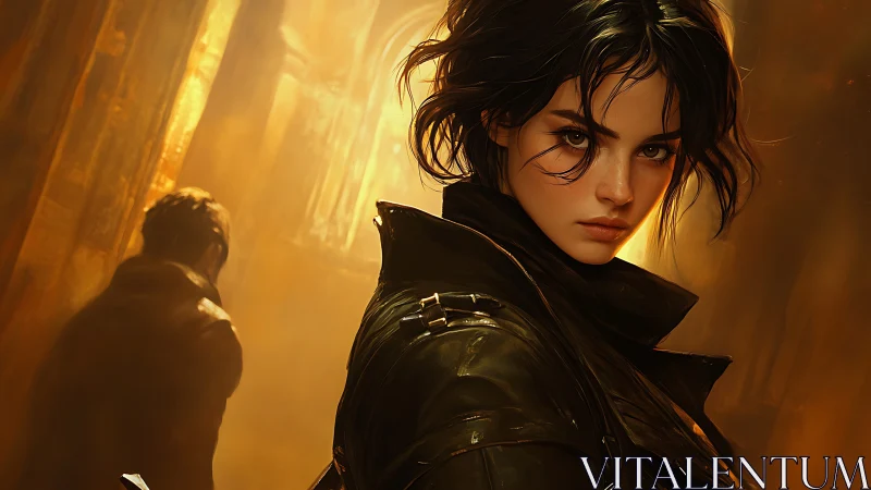 Cinematic female rogue in leather coat under molten backlight