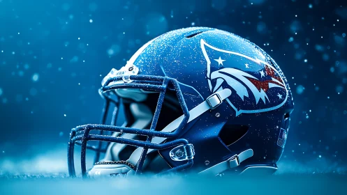 Blue football helmet with wolf logo in cinematic rain light.