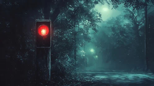 Crimson signal halts a mist drenched forest midnight road.