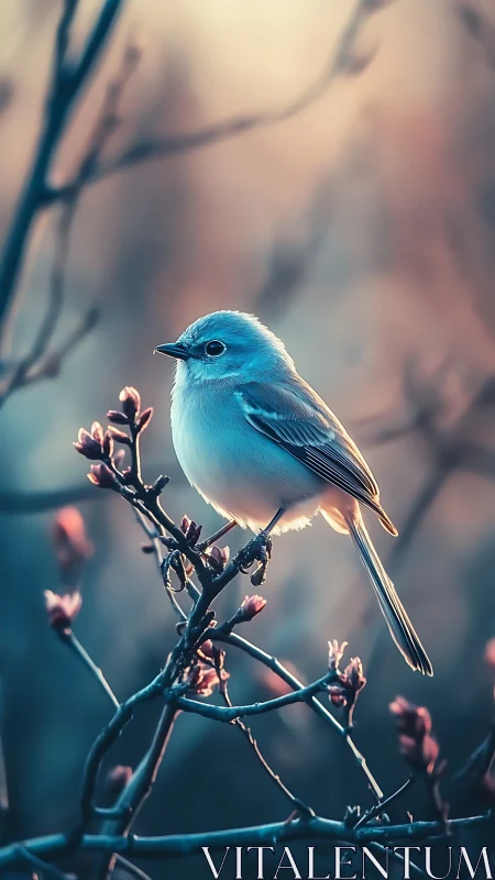 Cerulean Songbird Perched Among Blush Blossoms.