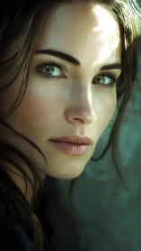 Photorealistic close-up portrait with emerald reflective eyes.